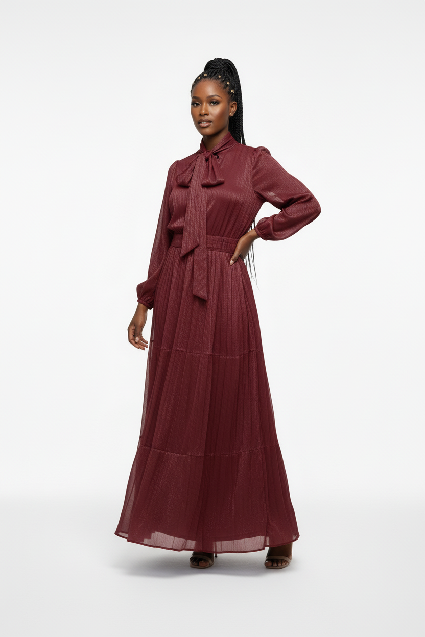 Women's High-Neck Pleated Waist Long Dress
