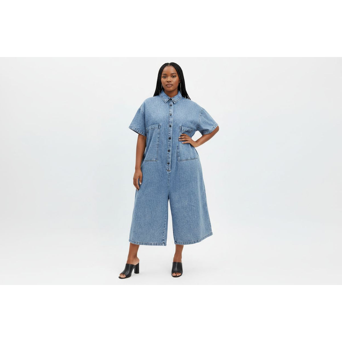 Plus Size Short Sleeve Denim Big Pocket Midi Jumpsuit