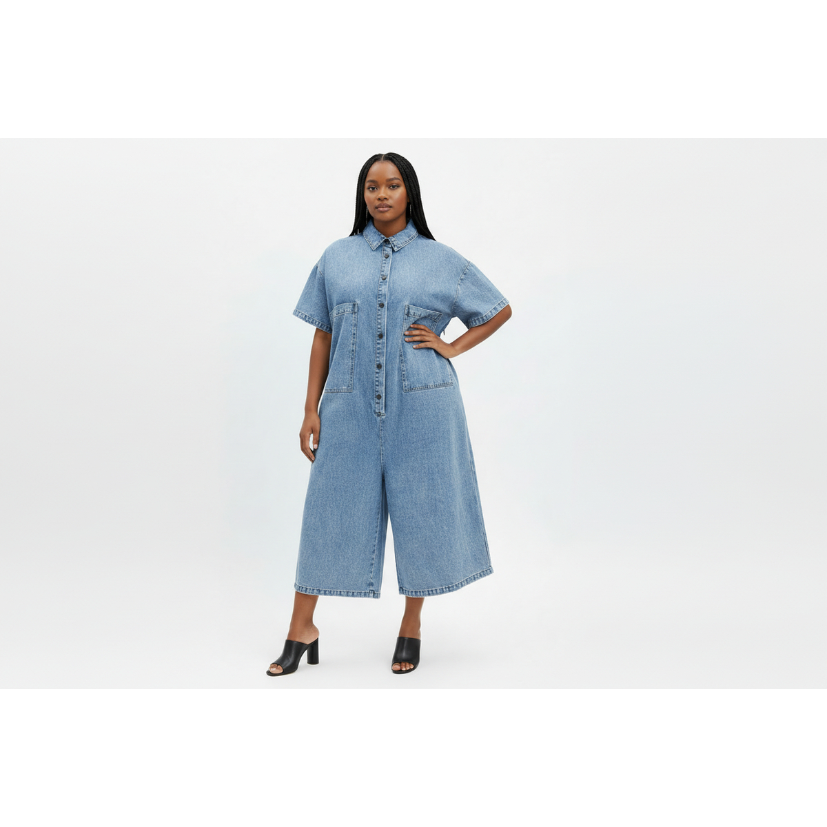 Plus Size Short Sleeve Denim Big Pocket Midi Jumpsuit