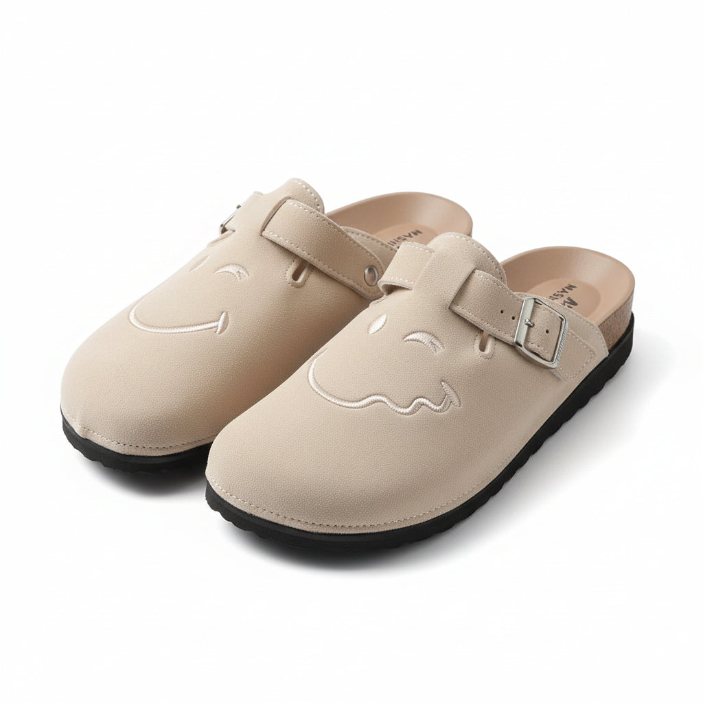 Embroidered Smiley Face Clogs – Plush Lined Slip-On with Buckle