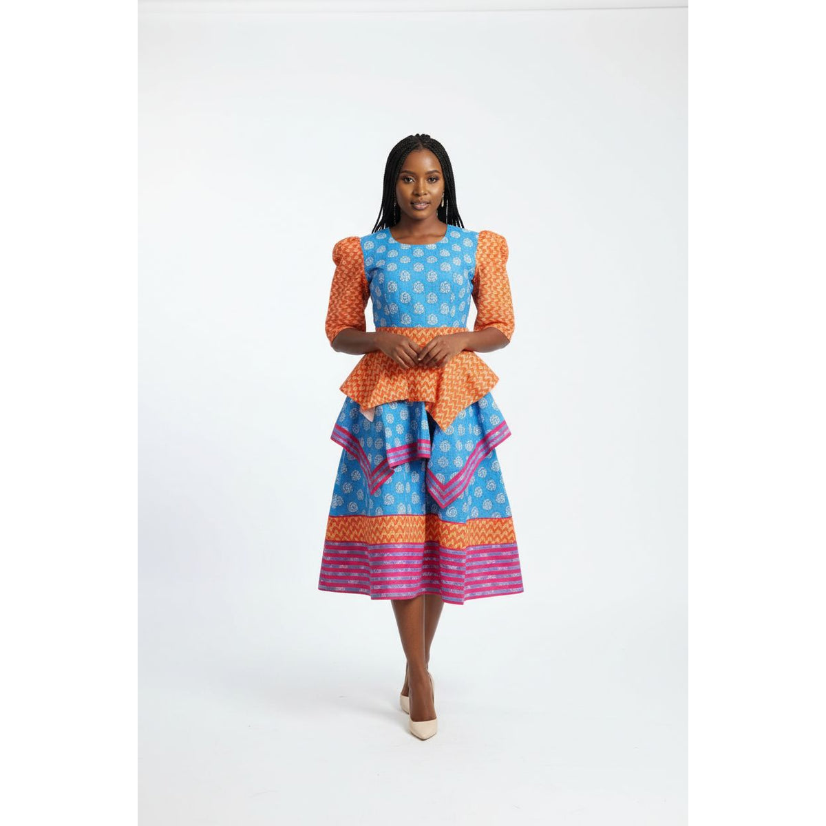Plus Size Short Sleeve Pleated Ankara Midi Dress