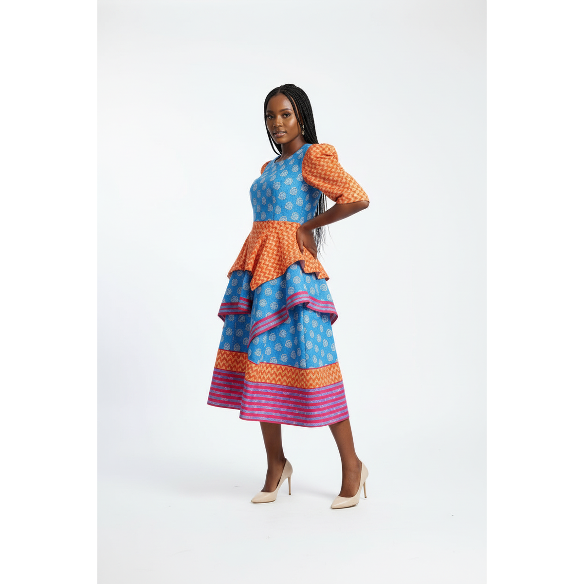 Plus Size Short Sleeve Pleated Ankara Midi Dress