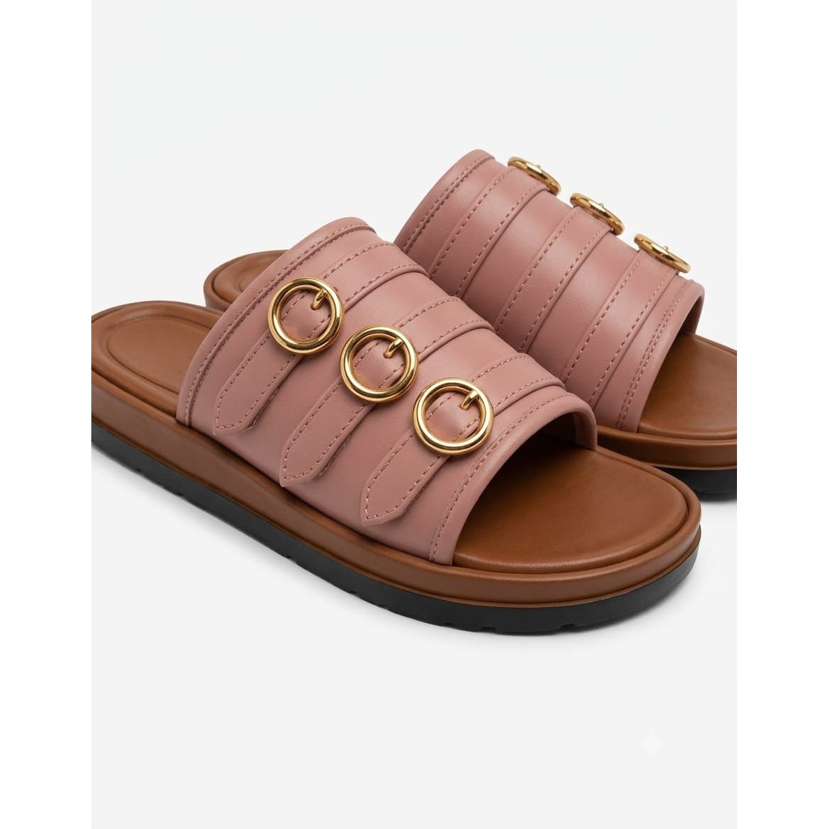Triple Gold Buckle Flat Sandals
