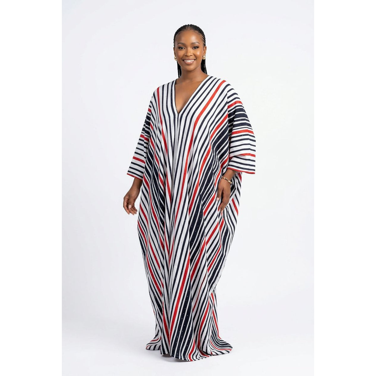 Silver-Embellished Striped V-Neck Maxi Kaftan Dress