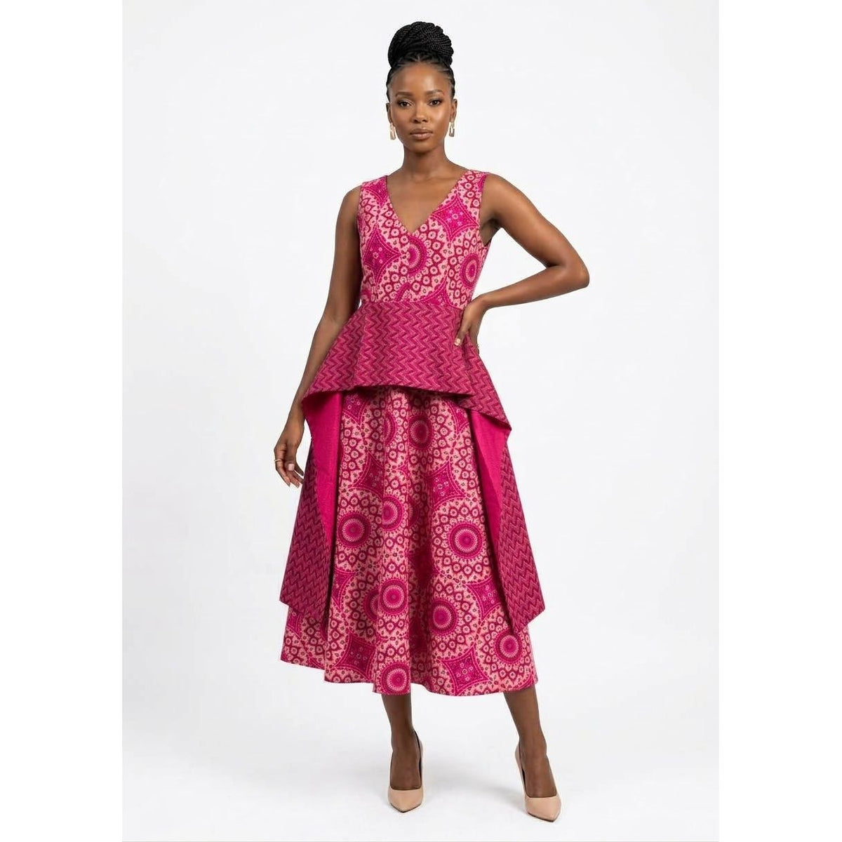 Geometric Print V-Neck Peplum Dress