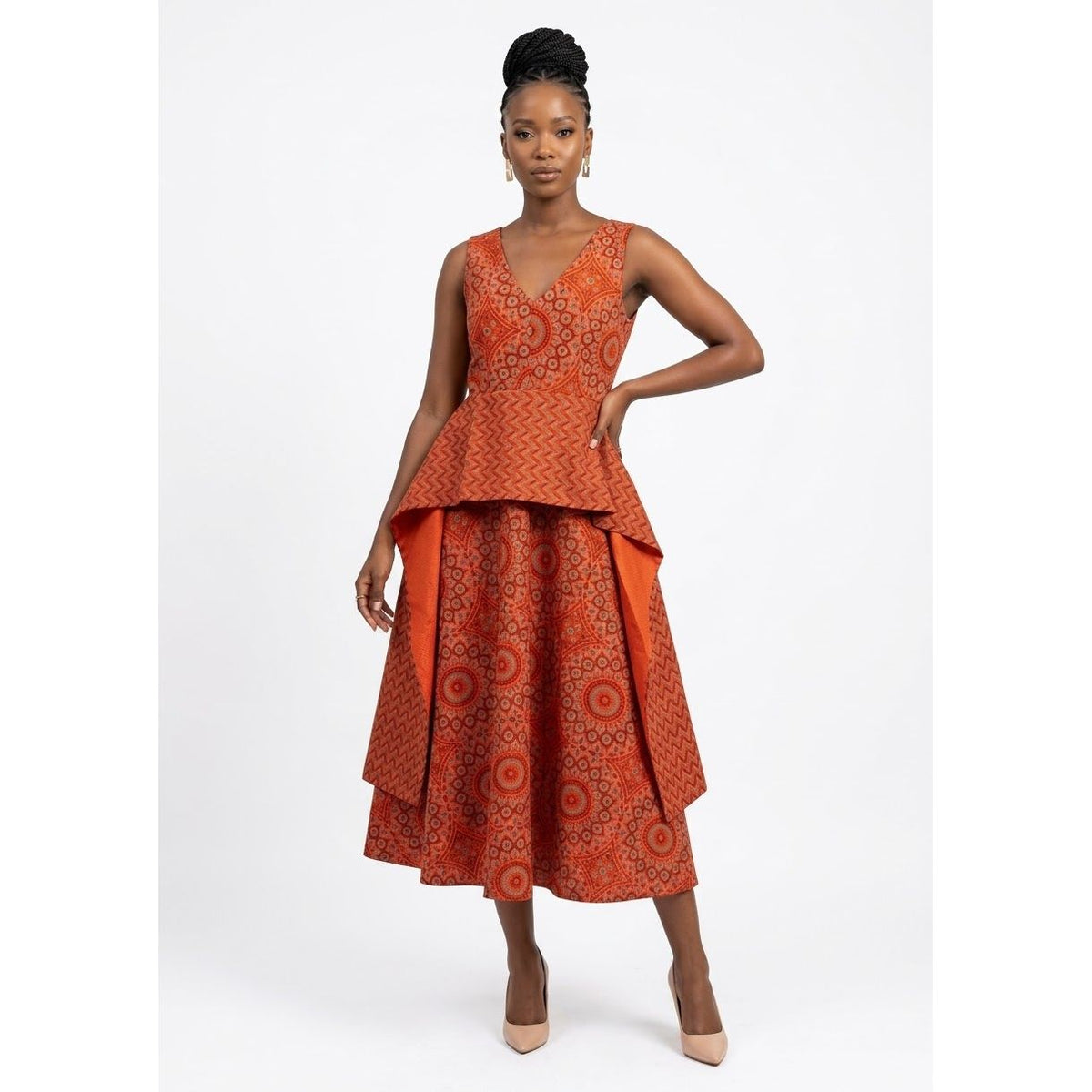 Geometric Print V-Neck Peplum Dress