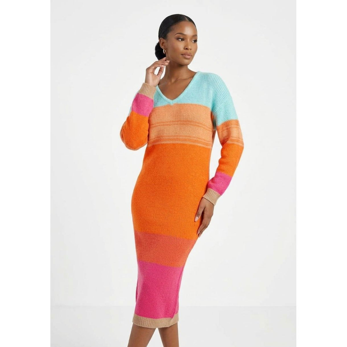 Colour-Block Striped Knit Maxi Sweater Dress