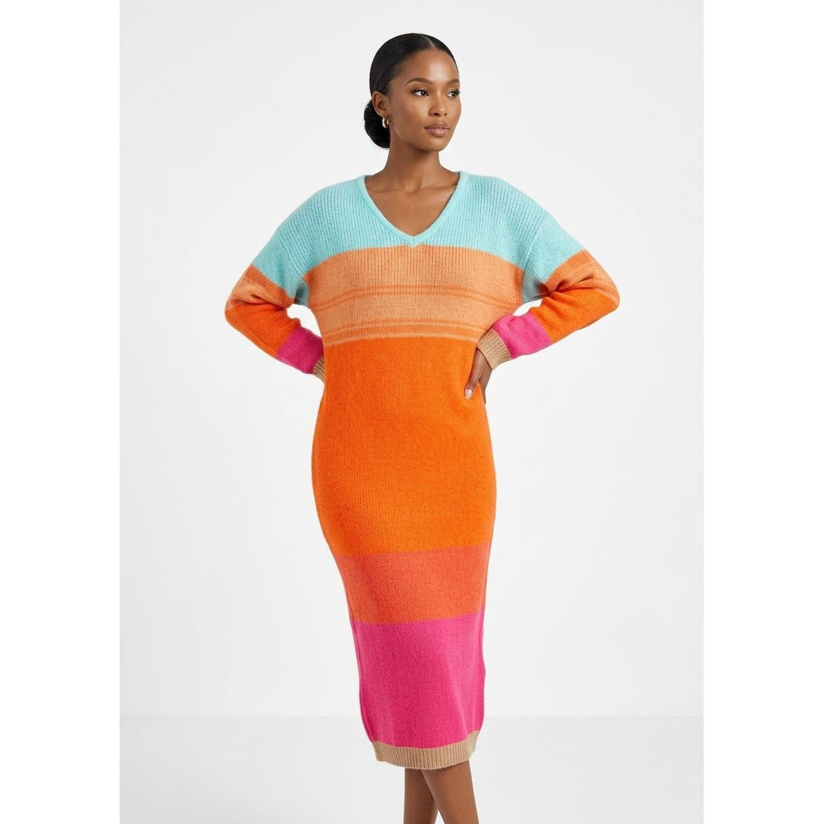 Colour-Block Striped Knit Maxi Sweater Dress