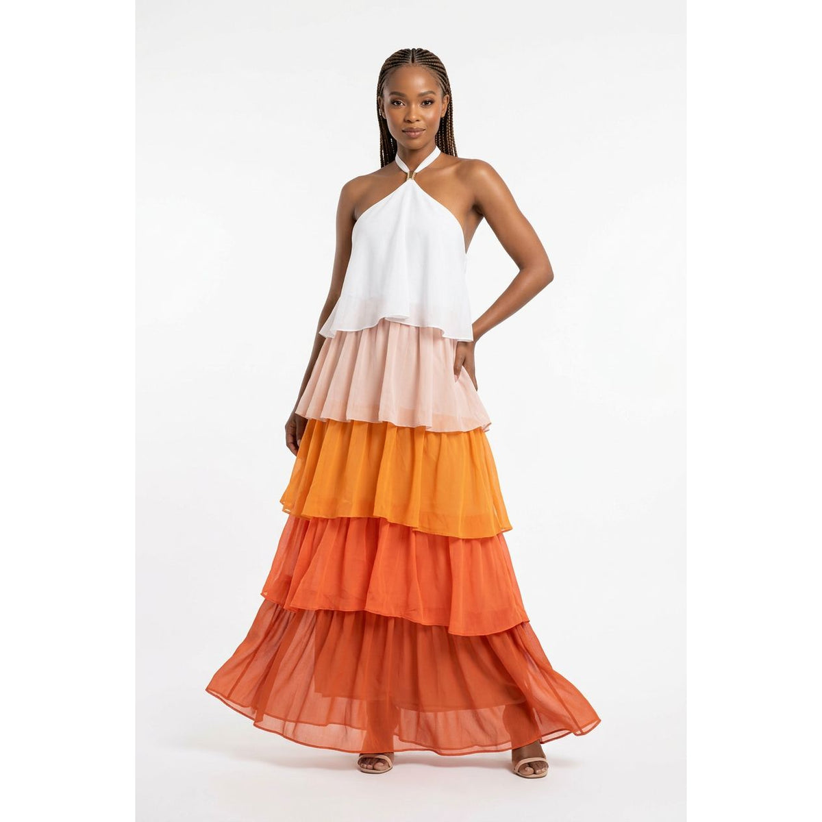 Colour Block Halter Neck Tiered Maxi Dress