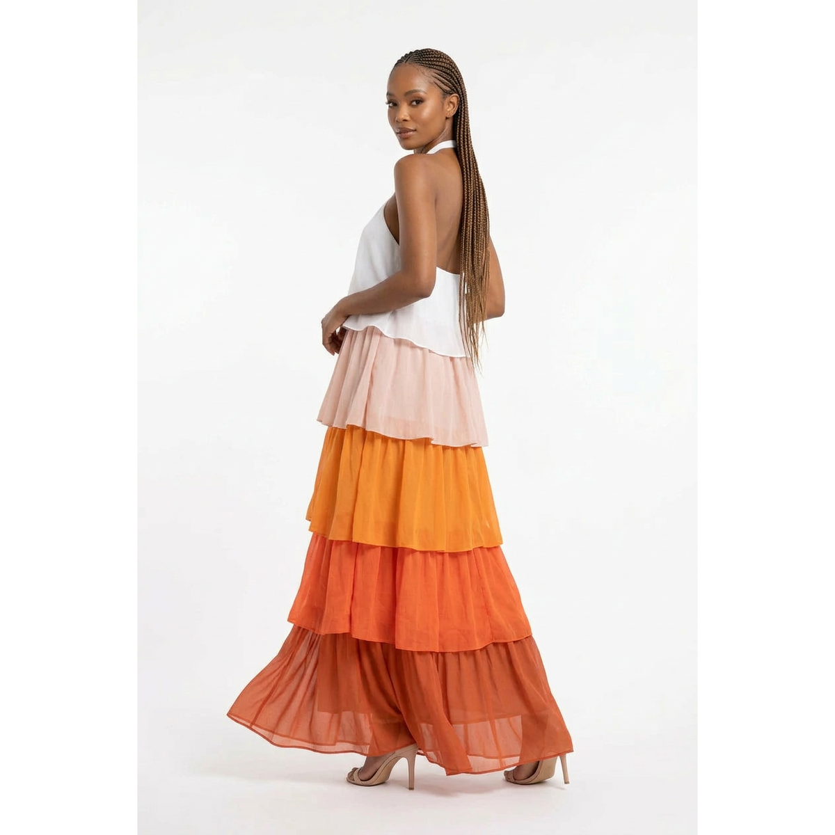 Colour Block Halter Neck Tiered Maxi Dress