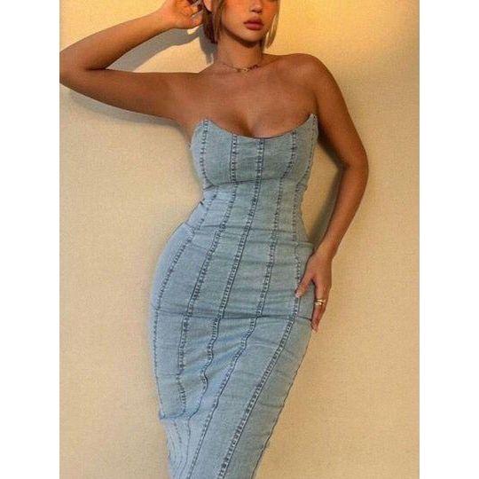 Strapless Denim Bodycon Dress — YELLOW SUB TRADING