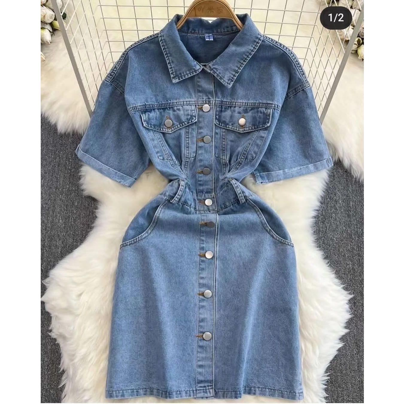 bytos Full Size Embellished Button Down Short Sleeve Denim Dress