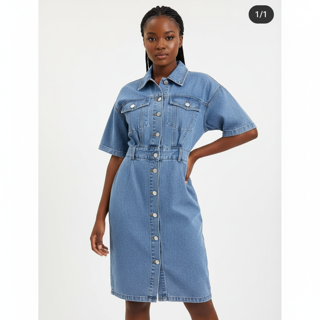 Button Detailed Short Denim Dress