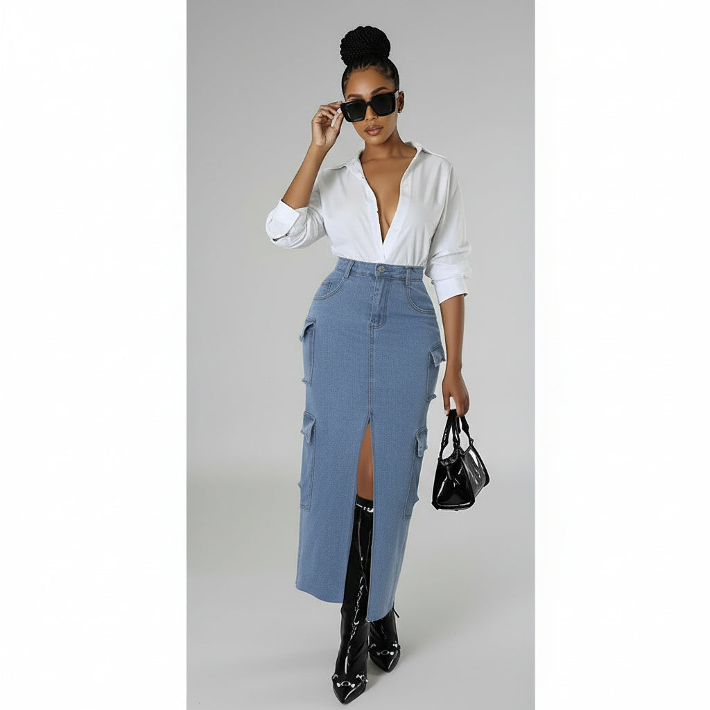 Denim Cargo Slit Skirt