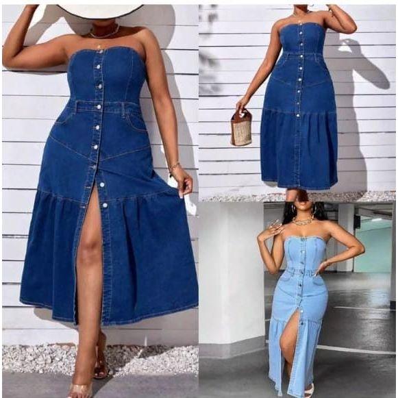 Washed Slit Back Tube Denim Dress