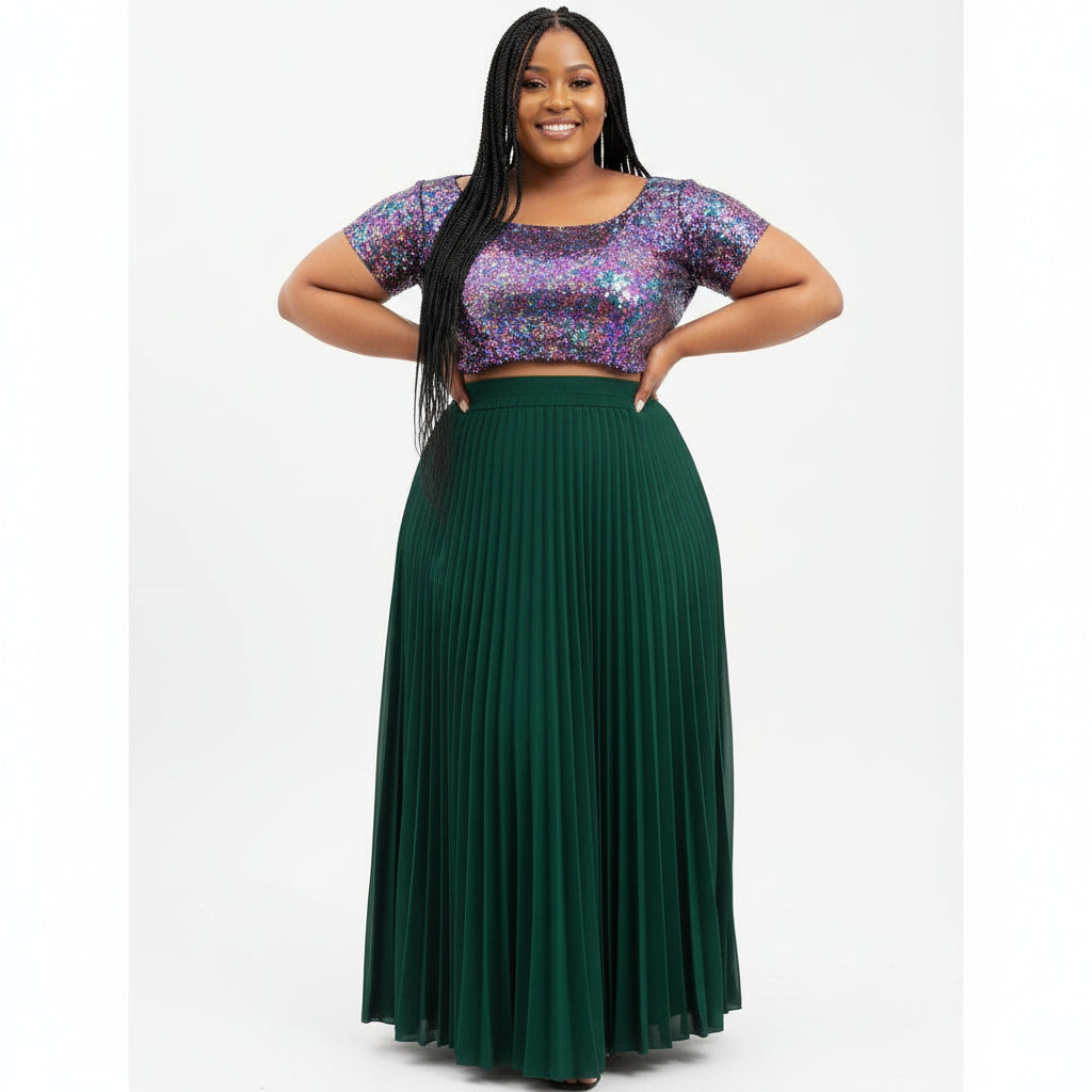 High Waisted Pleated Skirt and Gliter Top Set