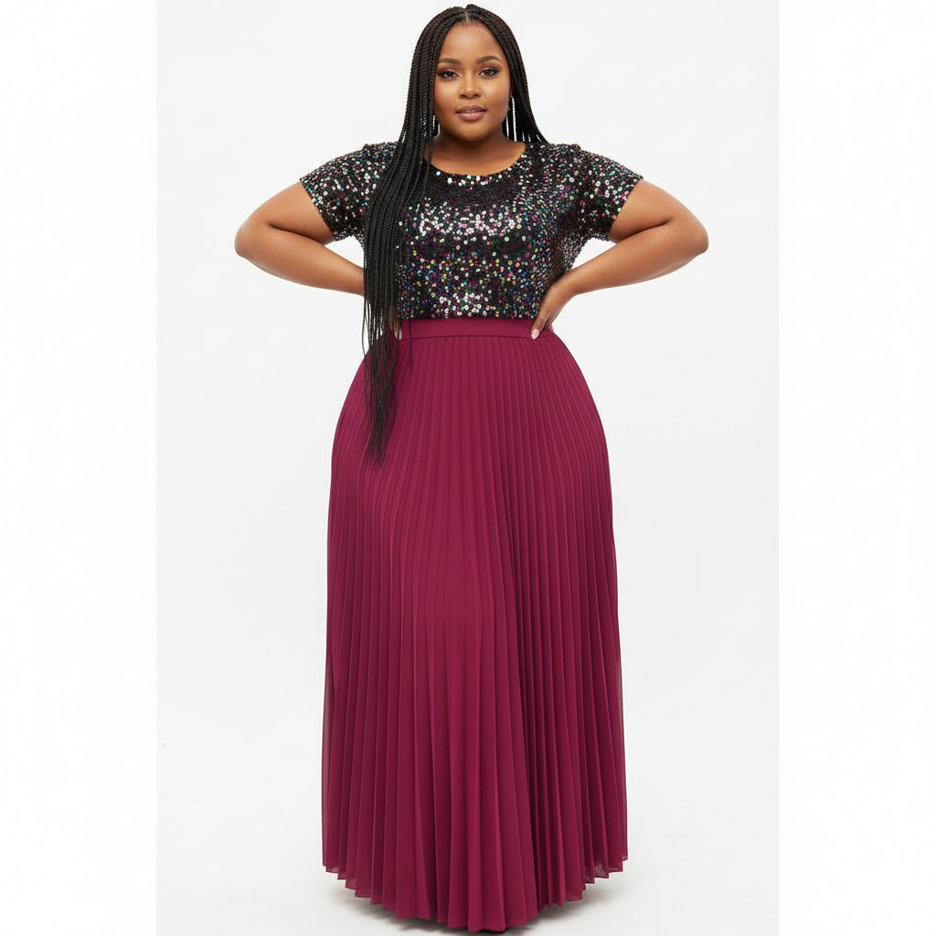 High Waisted Pleated Skirt and Gliter Top Set