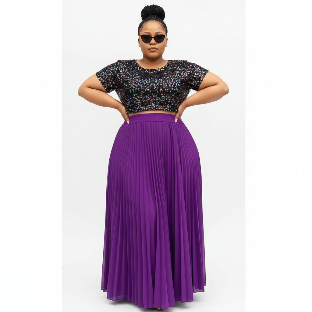 High Waisted Pleated Skirt and Gliter Top Set