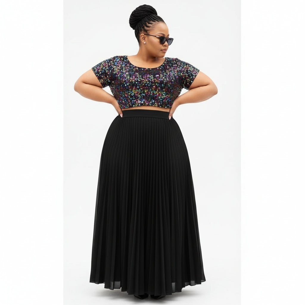 High Waisted Pleated Skirt and Gliter Top Set