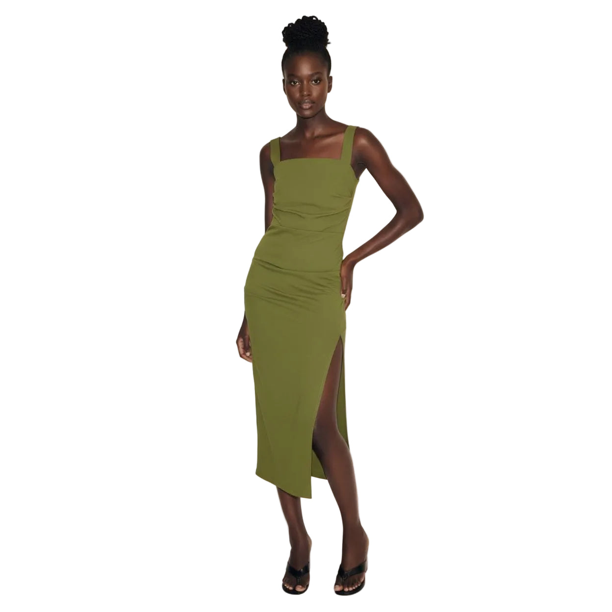 Ruched High Slit Bodycon Midi Dress