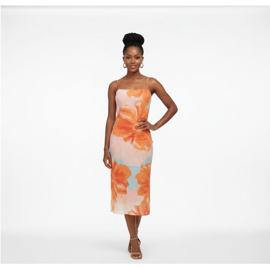 Orange Floral Mesh Midi Dress