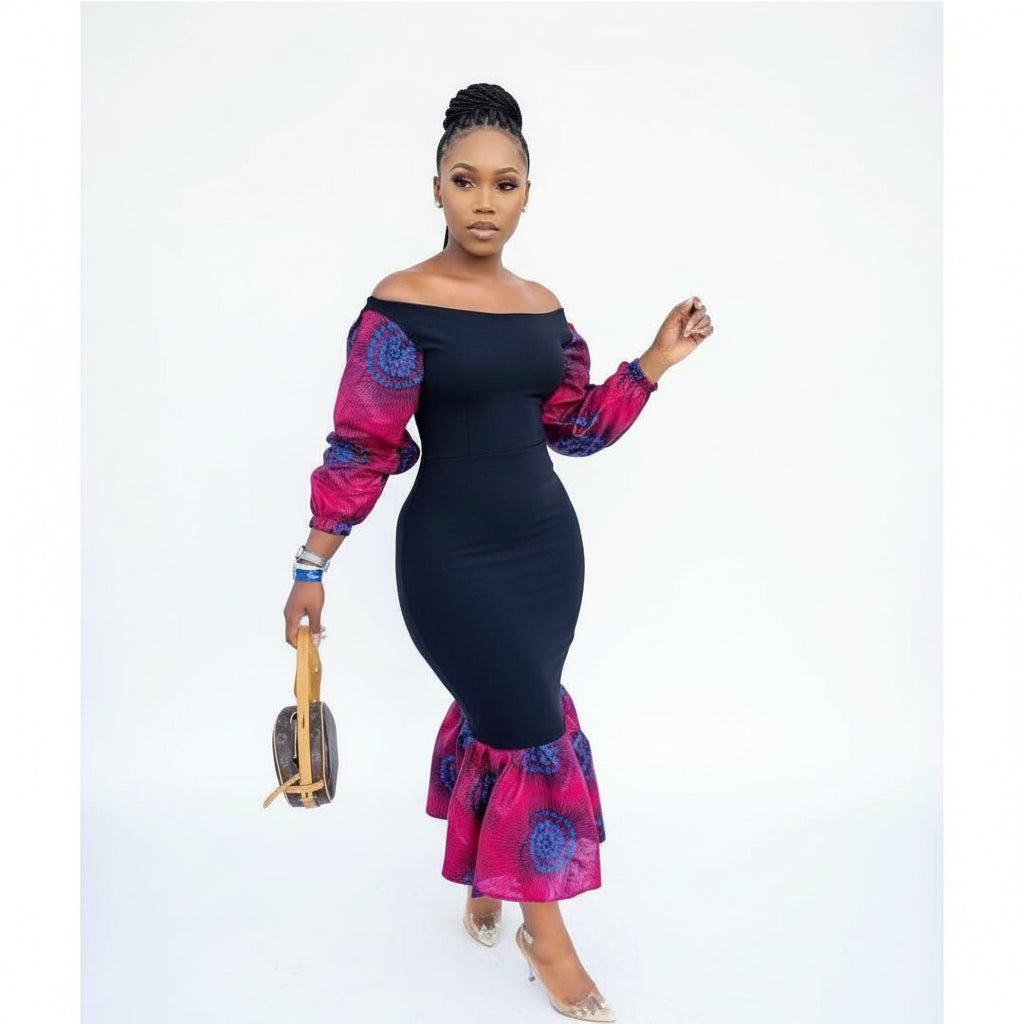 Off Shoulder African Puff Sleeves Dress
