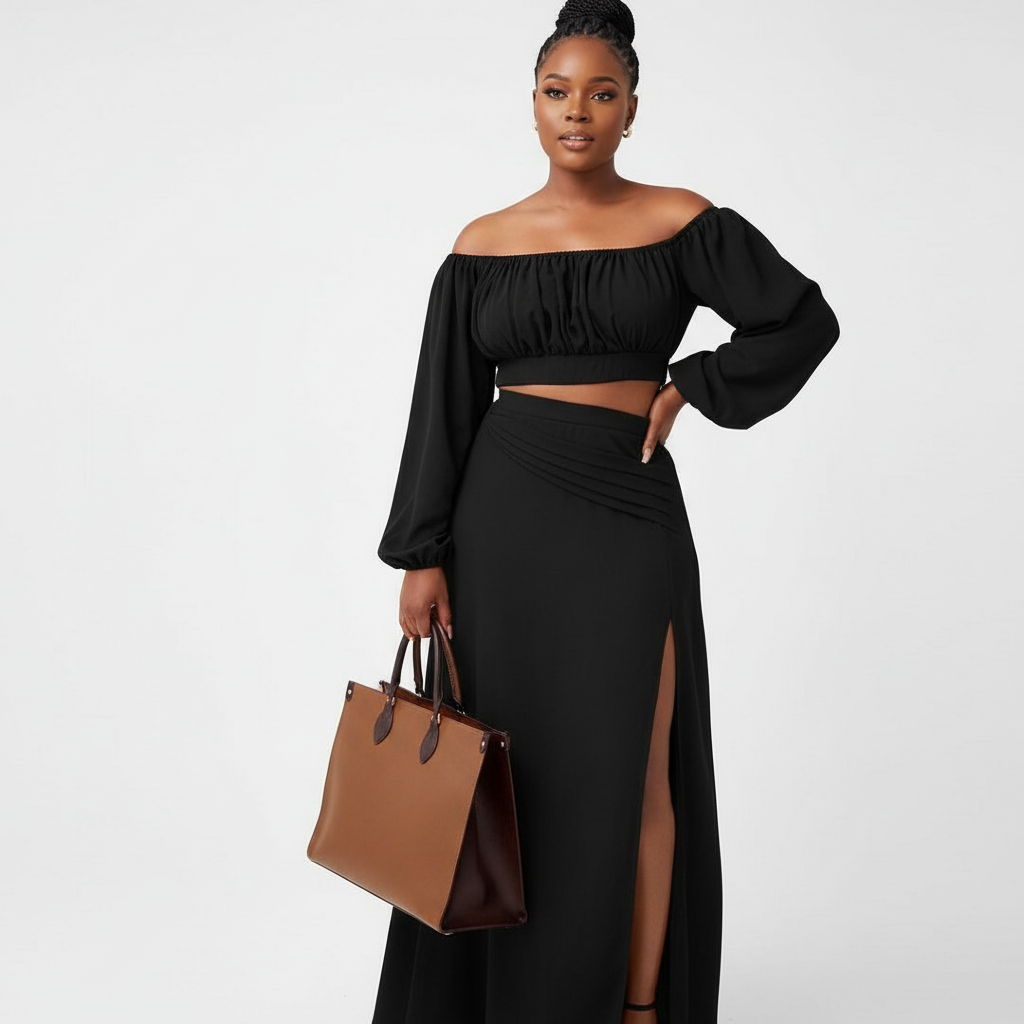 Off Tie Shoulder Crop Top and Skirt Set