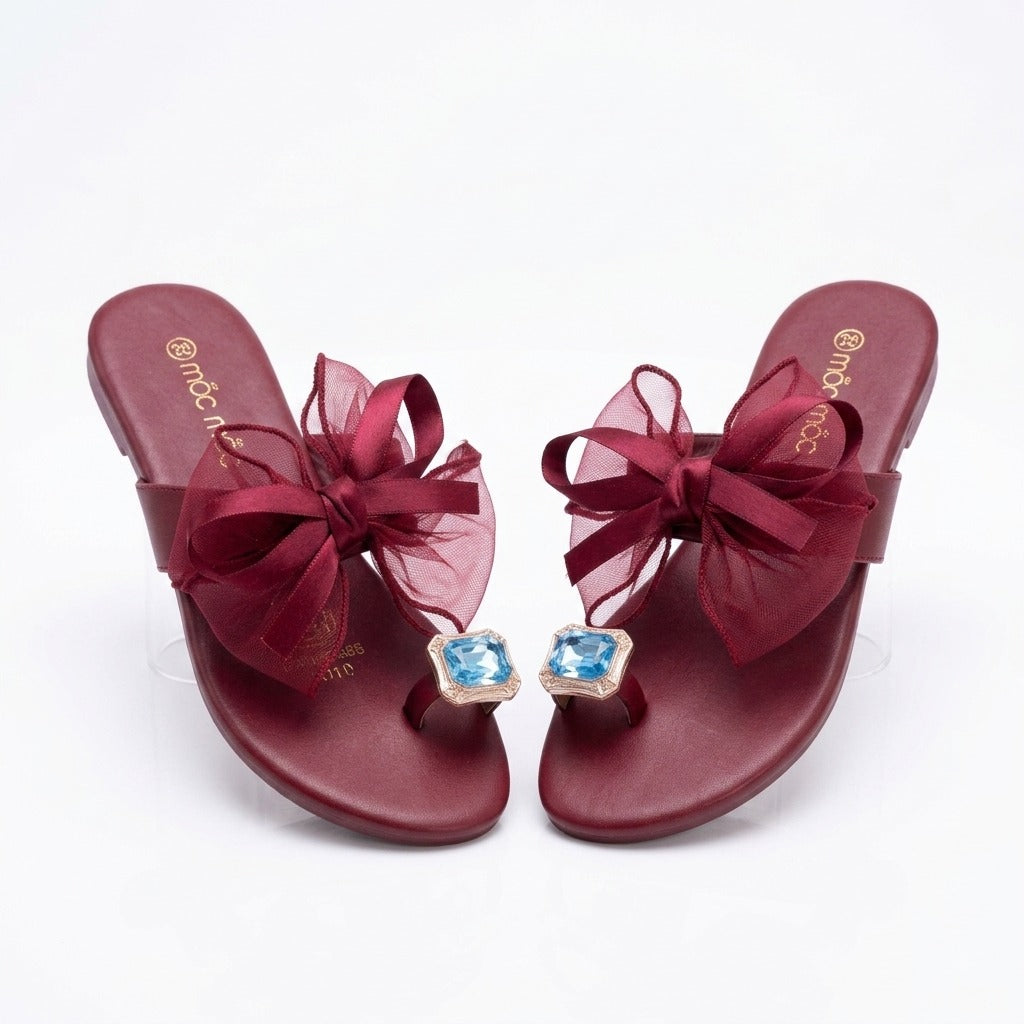 Sheer Dotted Mesh Bow Toe-Ring Sandals