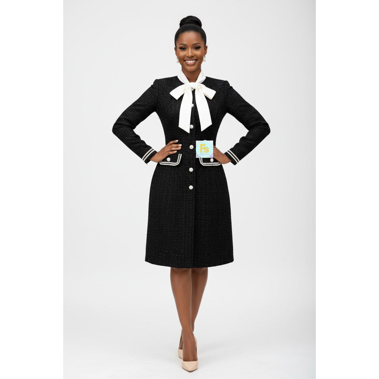 Black Tweed Bow Detail Elegant Long Sleeve Button Dress