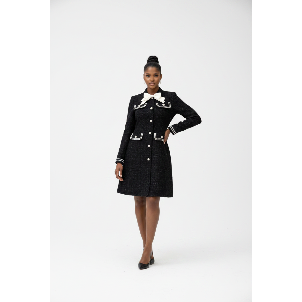 Black Tweed Bow Detail Elegant Long Sleeve Button Dress