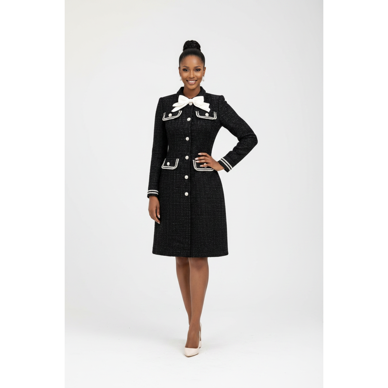 Black Tweed Bow Detail Elegant Long Sleeve Button Dress