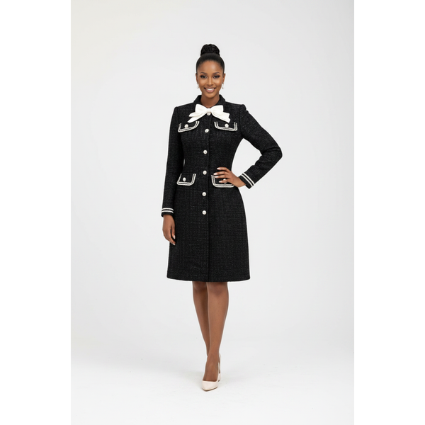 Black Tweed Bow Detail Elegant Long Sleeve Button Dress – YELLOW