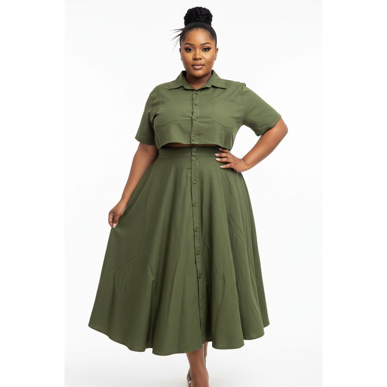 Buttoned Short Sleeve Top and Skirt Set