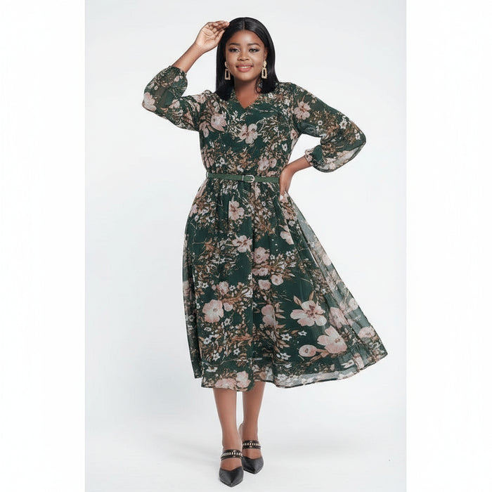 Floral Contrast Button V-Neck Midi Dress