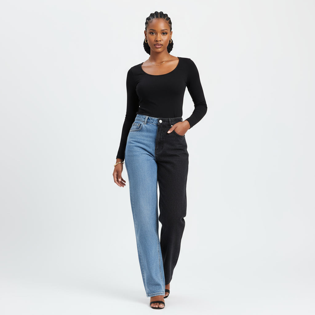 Denim Ripped Half Color Jean