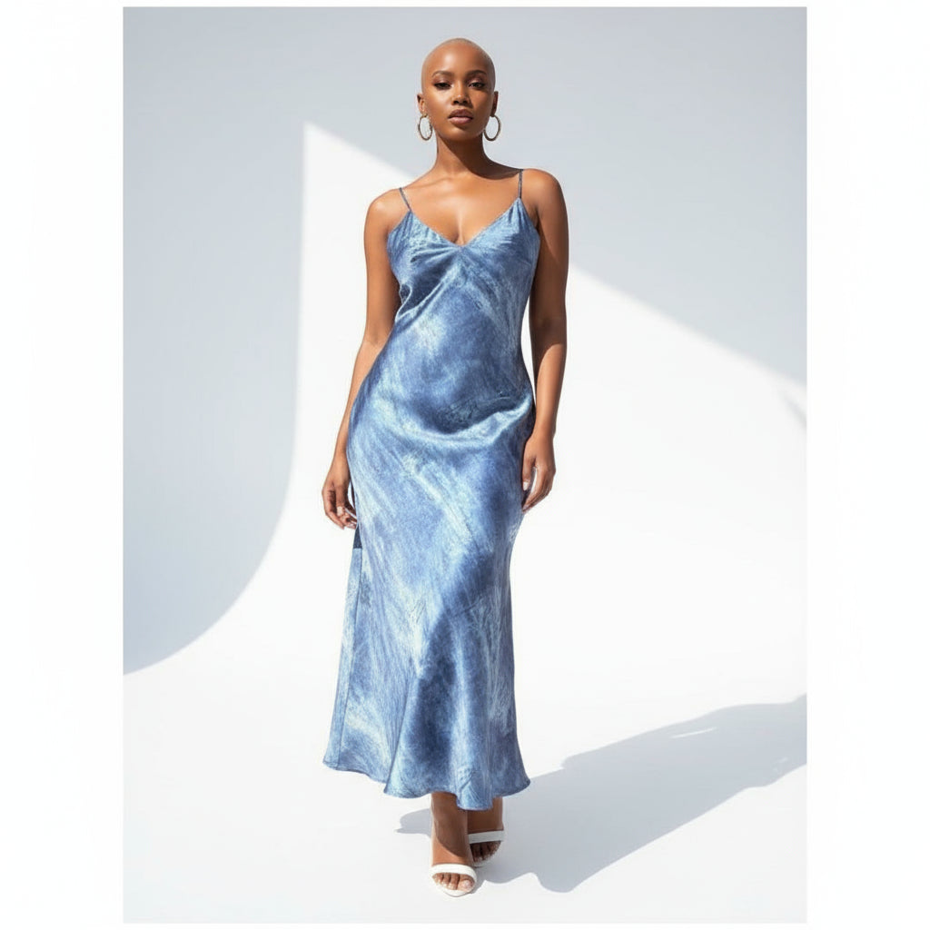 Backless Denim Print Sleeveless Dress