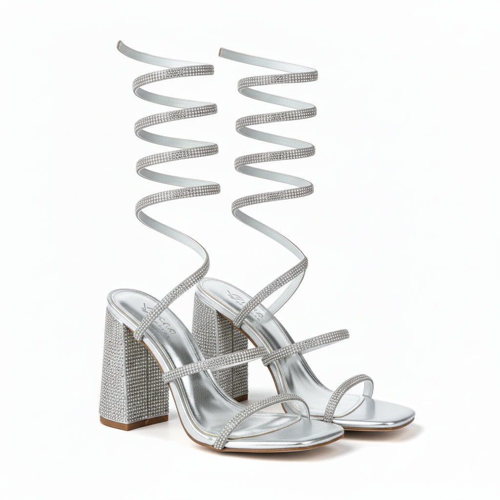 Spiral Rhinestone Thick Heel