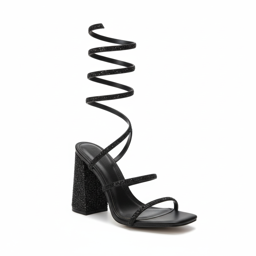 Spiral Rhinestone Thick Heel