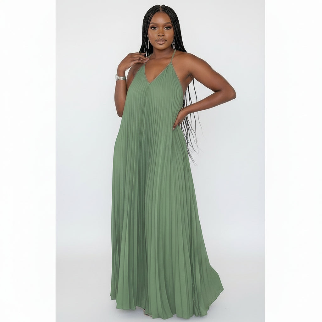 Pleated Sleeveless Midi V-neck Dress.