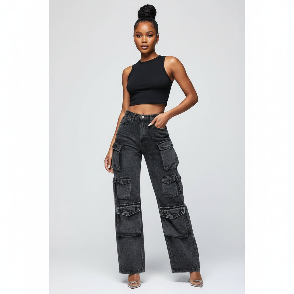 Denim Washed Cargo Pants.