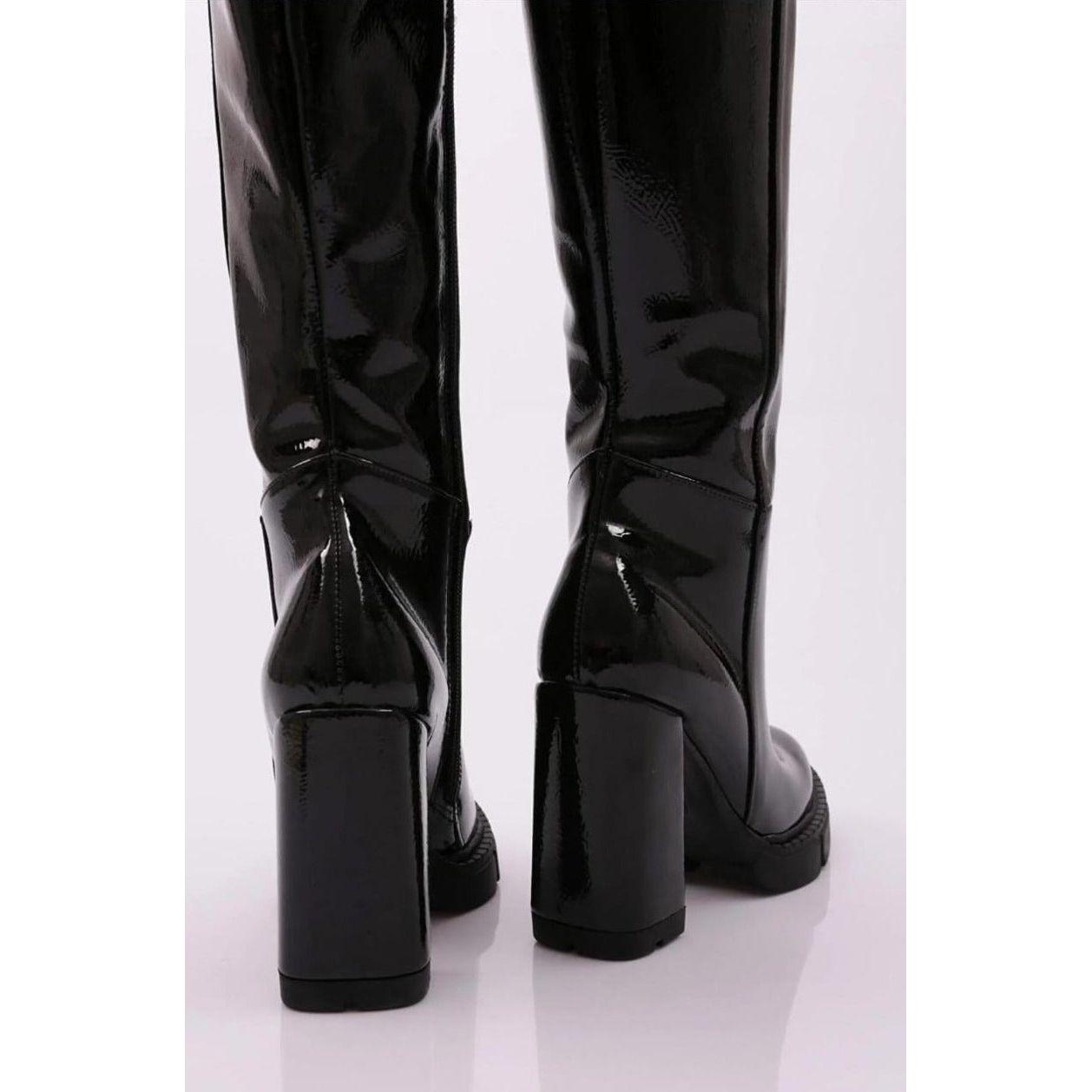 Long Glossy Thick Heel Boots