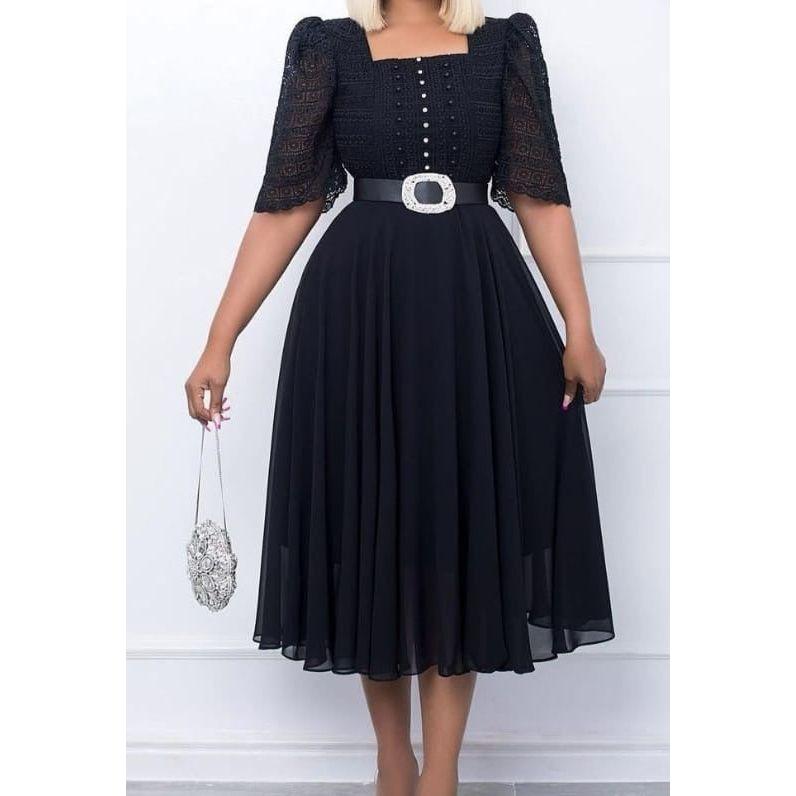 Square Neck Lace Cap Sleeves Ruffles Long Dress Terracotta main image 0