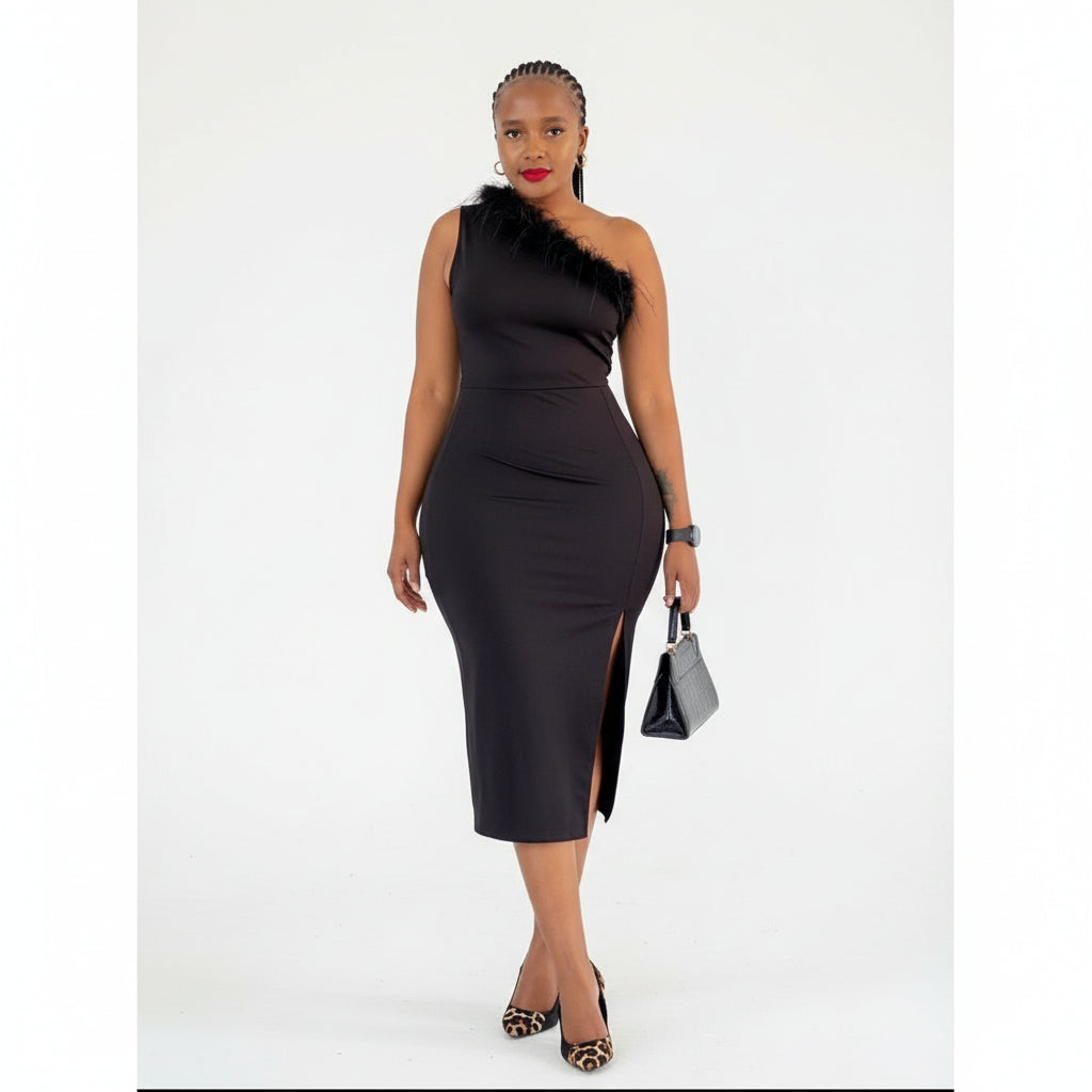 One Arm Fluffy Bodycon Dress