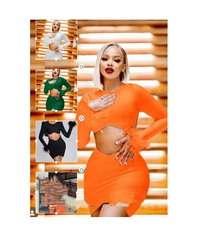 Long Sleeve Fur Sleeve Sexy Set