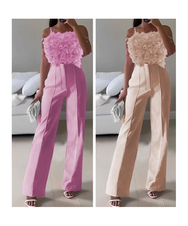 Sleeveless Feather Top and High Waisted Pant Set