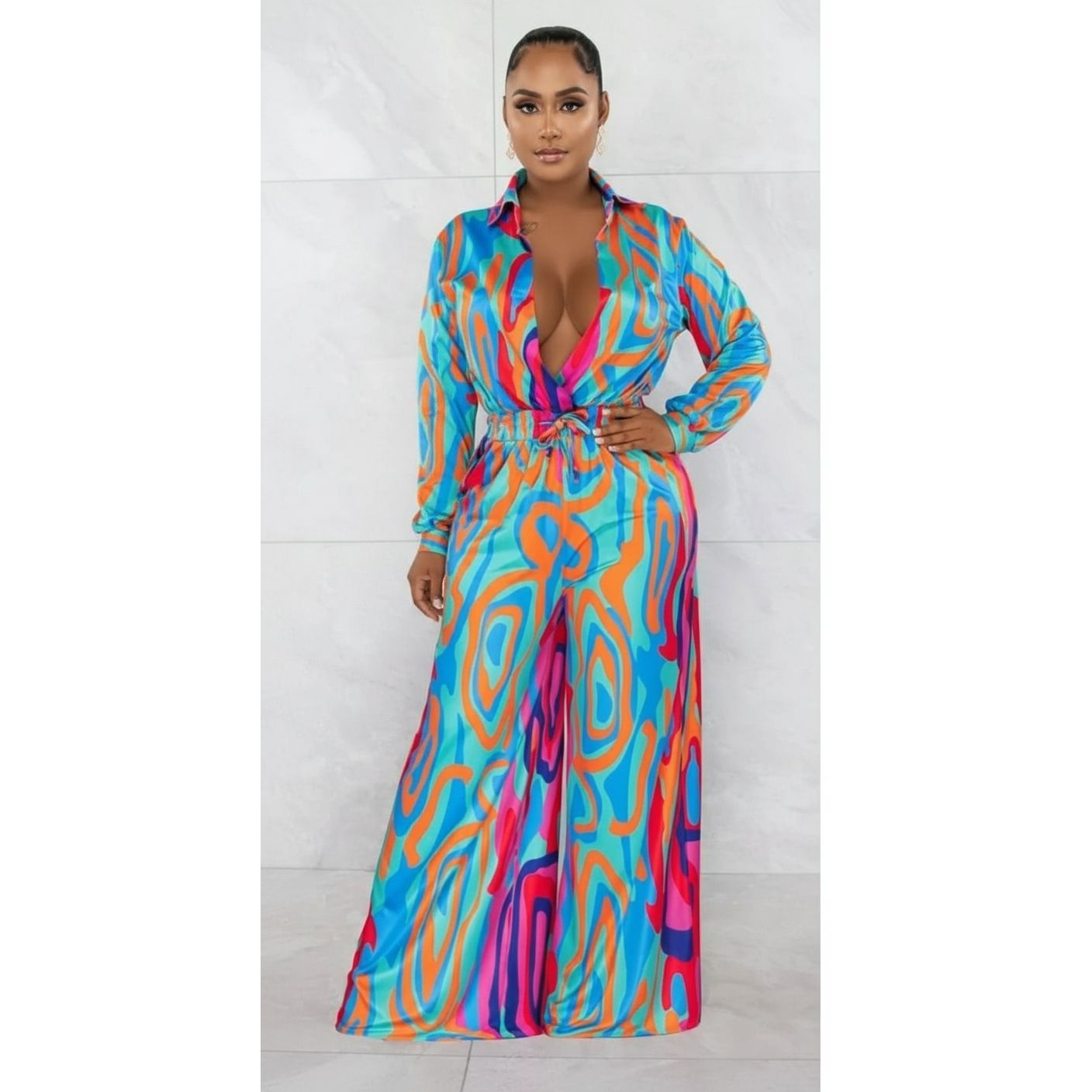 Button Detailed Wireless Print Jumpsuit