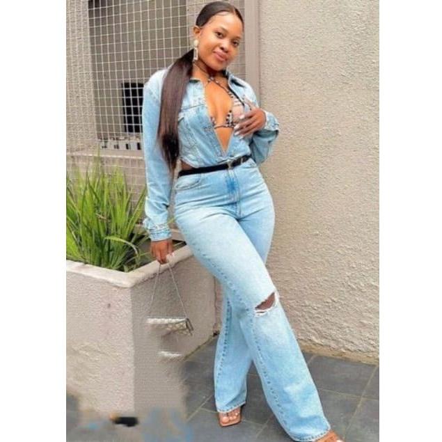 Button High Waisted Denim Jumpsuit
