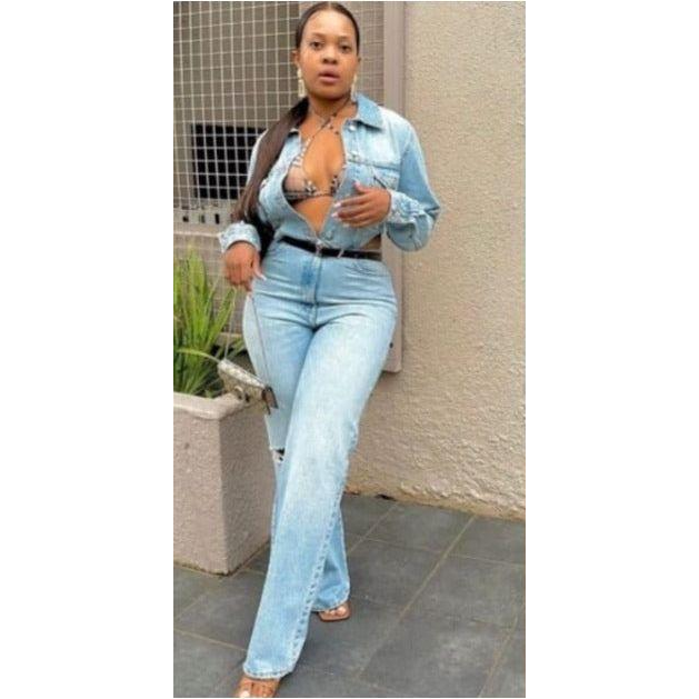 Button High Waisted Denim Jumpsuit