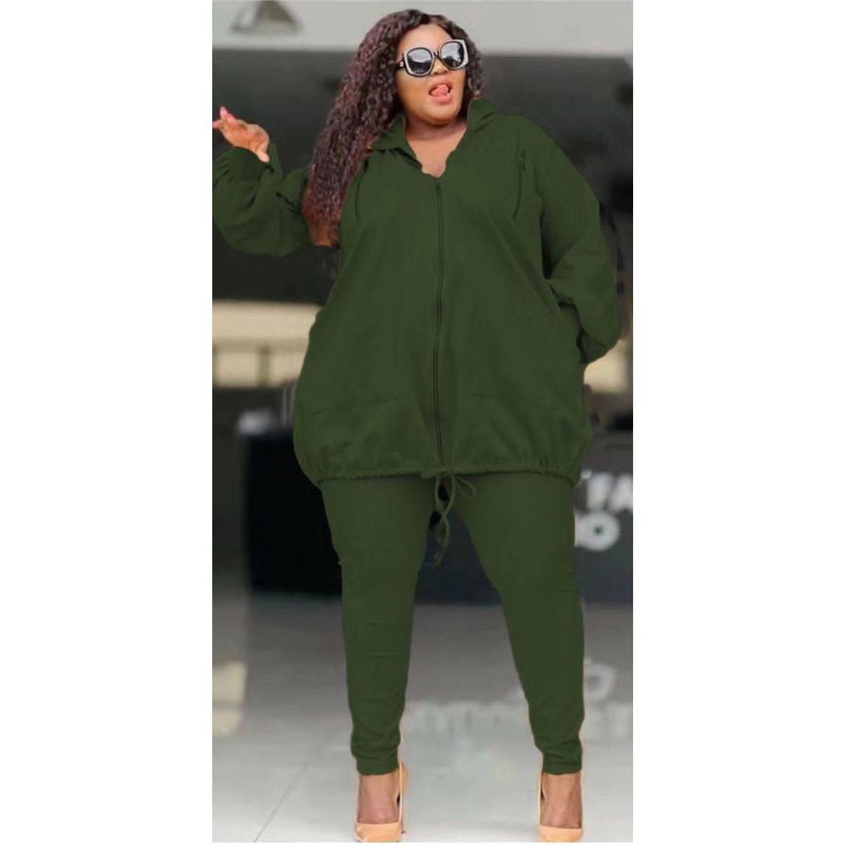 Hooded Plus Size Zipper 2 Piece Set