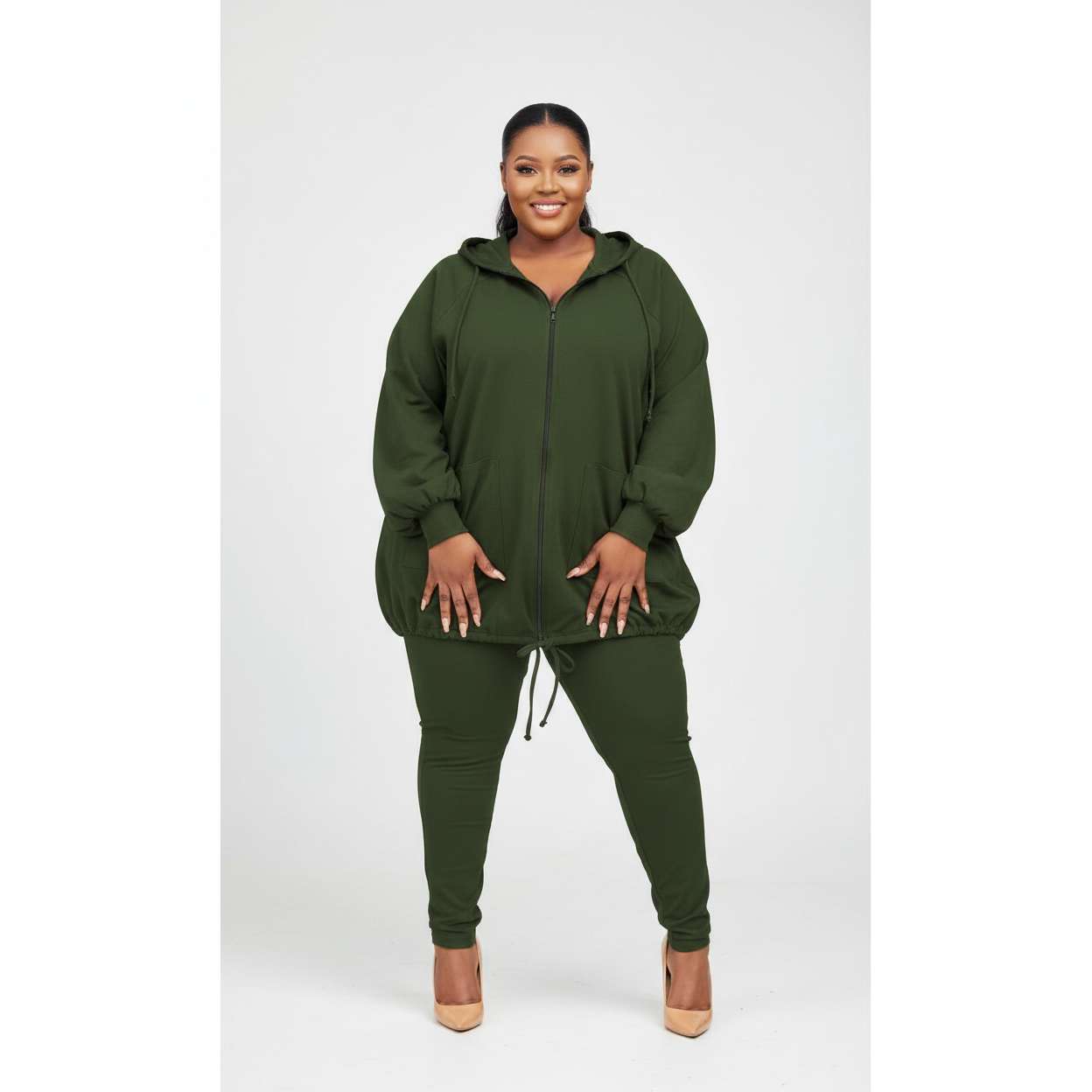 Hooded Plus Size Zipper 2 Piece Set